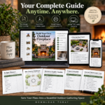 Build Your Own Outdoor Fireplace guide shown on laptop, tablet, and phone with printable worksheets, 24-page PDF guide