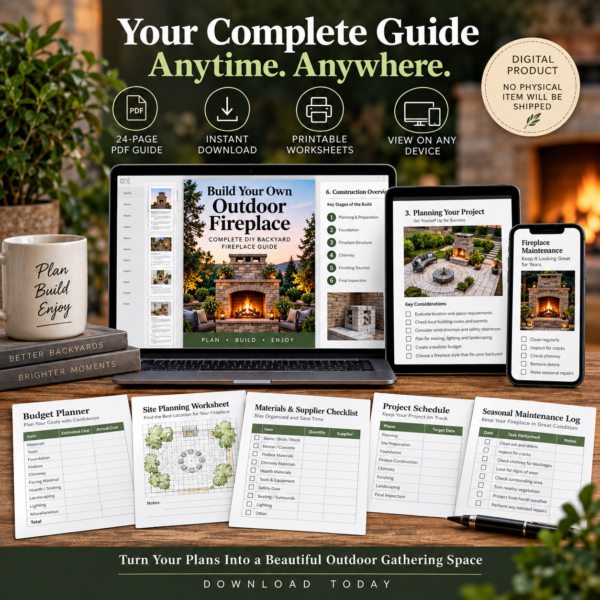 Build Your Own Outdoor Fireplace guide shown on laptop, tablet, and phone with printable worksheets, 24-page PDF guide