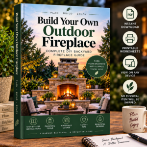Build Your Own Outdoor Fireplace: Complete DIY Backyard Fireplace Guide cover, with PLAN BUILD ENJOY branding and feature icons