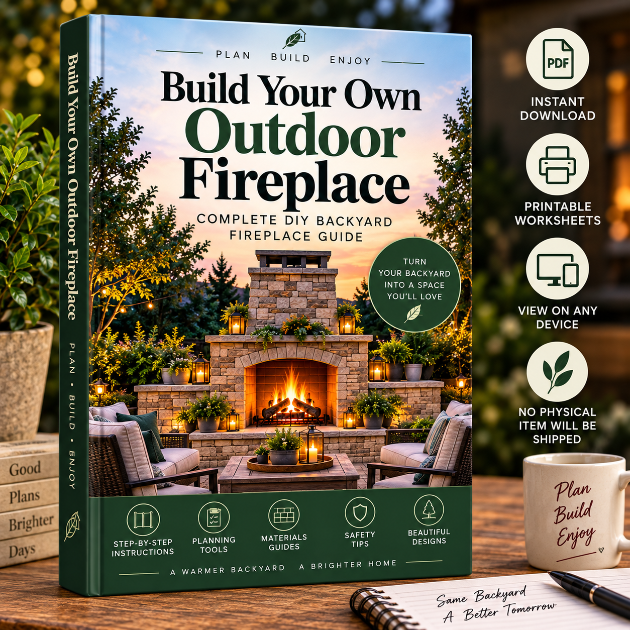 Build Your Own Outdoor Fireplace: Complete DIY Backyard Fireplace Guide cover, with PLAN BUILD ENJOY branding and feature icons