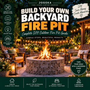 Build Your Own Backyard Fire Pit – Complete DIY Outdoor Fire Pit Guide promotional graphic with finished stone fire pit, seating and string lights at dusk