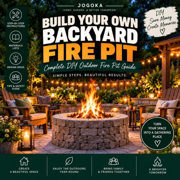 Build Your Own Backyard Fire Pit – Complete DIY Outdoor Fire Pit Guide promotional graphic with finished stone fire pit, seating and string lights at dusk