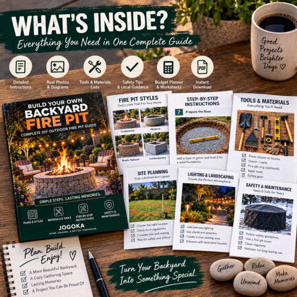 Backyard fire pit guide instant download shown on laptop phone and printable pages