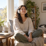 Adult woman listening to a guided meditation with headphones in a softly lit room