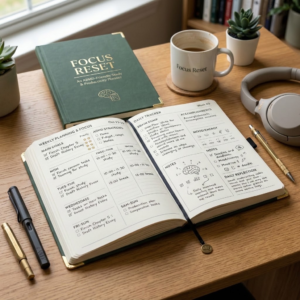 Focus Reset ADHD-friendly study and productivity planner cover on desk