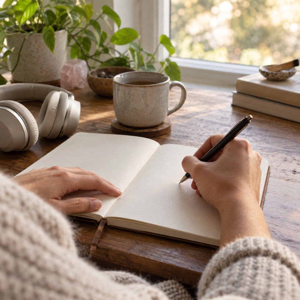 Guided meditation series with a journal and headphones for a calming practice