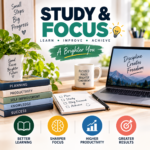 Study and focus workspace with laptop, planner, books and productivity icons