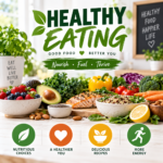 Healthy eating display with salmon, grains, fruit and fresh vegetables