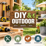 DIY and outdoor workspace with tools, timber, drill and garden setting