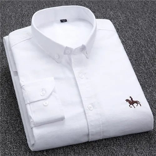Buy Jogoka.com Men's Oxford Shirt Long Sleeve Cotton, Embroidered Horse, White Online | Jogoka