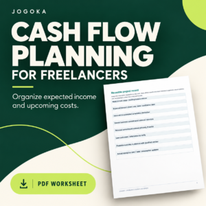 Jogoka Cash Flow Planning for Freelancers PDF worksheet with a preview of the included income and cost planning page.