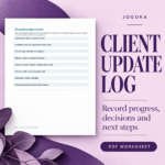 Client Progress Updates & Decision Log (PDF Worksheet) PDF cover with a preview of the included worksheet
