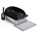 Stainless Steel Cat Litter Box with High Sides, Scoop & Mat