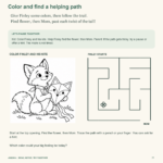 Page 22 activity: color Finley holding his fox-shaped kite, then follow a maze past a flower to Mom