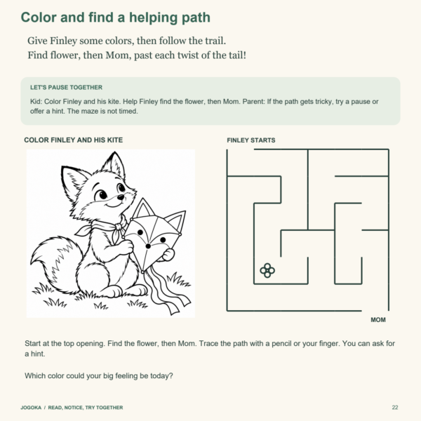 Page 22 activity: color Finley holding his fox-shaped kite, then follow a maze past a flower to Mom