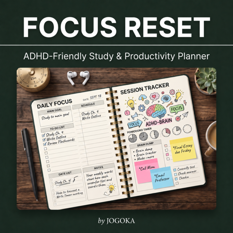Focus Reset ADHD-friendly study and productivity planner digital product cover