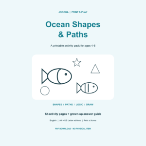 Ocean Shapes & Paths printable kids activity pack cover, ages 4–6