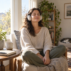 Adult woman listening to a guided meditation with headphones in a softly lit room
