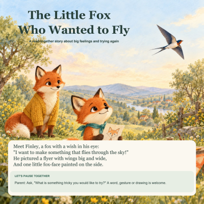The Little Fox Who Wanted to Fly illustrated picture book cover, with Finley in a teal scarf and Mom in a mustard cardigan