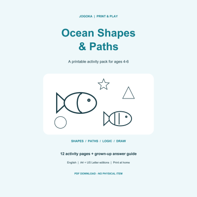 Ocean Shapes & Paths printable kids activity pack cover, ages 4–6